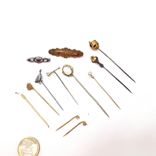 17 - An assorted collection of 10 vintage stick pins - jewelled and cameo examples. Together with two vin... 