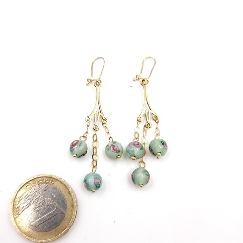 29 - A pair of nine carat gold beautiful painted glass drop earrings - suitable for pierced ears. Drop - ... 