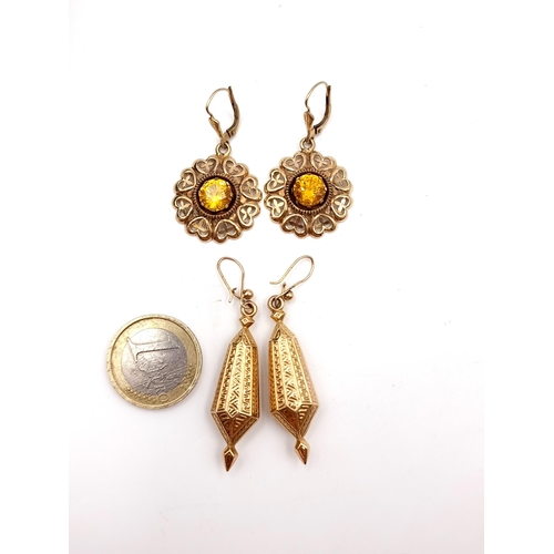 39 - Two nine carat gold Citrine stone earrings suitable for pierced ears. Total weight - 5.3 grams. Toge... 