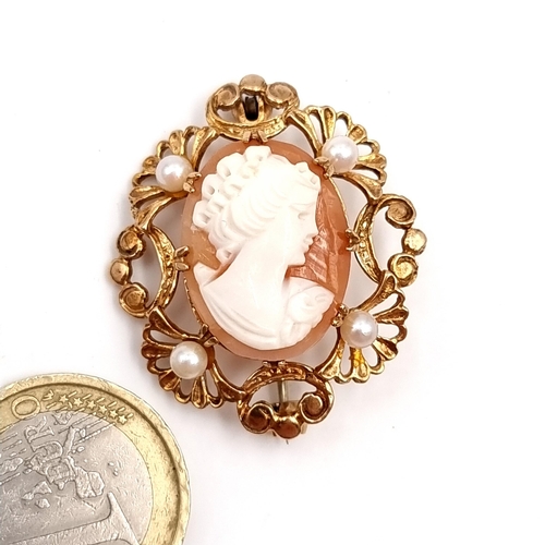 4 - A very pretty nine carat gold cameo brooch set with pearl accents. Dimensions: 3.5 x 2.5 cms. Total ... 