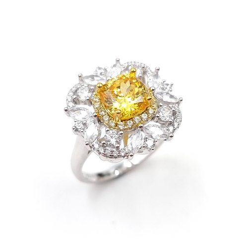 45 - A stunning large lab created Citrine  gemstone silver ring with gemstone mounts. Stone cold to the t... 