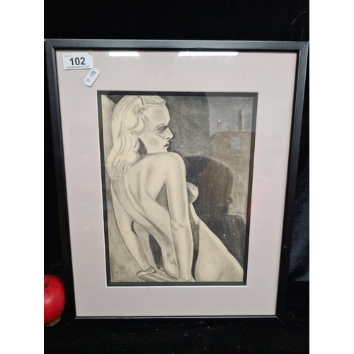 102 - A stunning original charcoal on paper drawing featuring a classic 1950's model in high contrast with... 