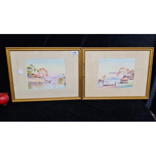 119 - A beautiful pair of M. Thein Pe (Burmese, early 20th century) watercolour on paper paintings. Featur... 