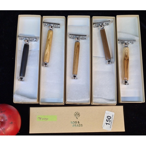 150 - Five boxed 'Bog&Brass' safety razors with wooden handles. Wooden handles include Irish Yew, Walnut, ... 