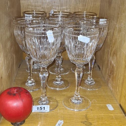 151 - Eight Marquis by Waterford 'Hanover' crystal stemmed wine glasses. Featuring gilt gold rim lovely st... 