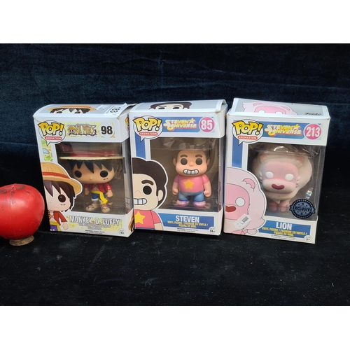 183 - Three great Funko POP! Animation models of Steven, Lion and Monkey. D. Luffy.