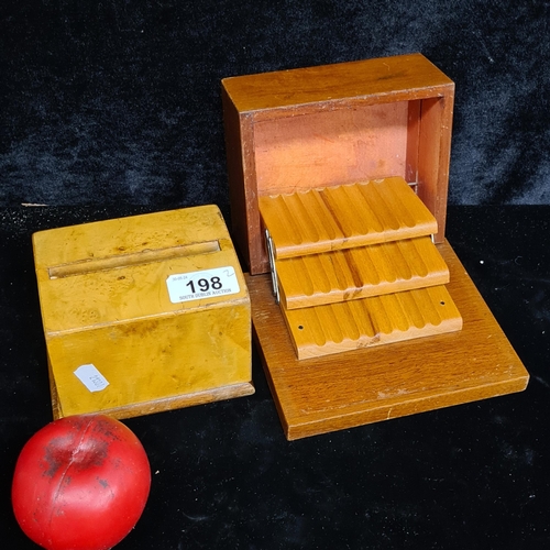 198 - Two nice vintage wooden cigarette boxes. One with a stamp dating to 1965 to base.