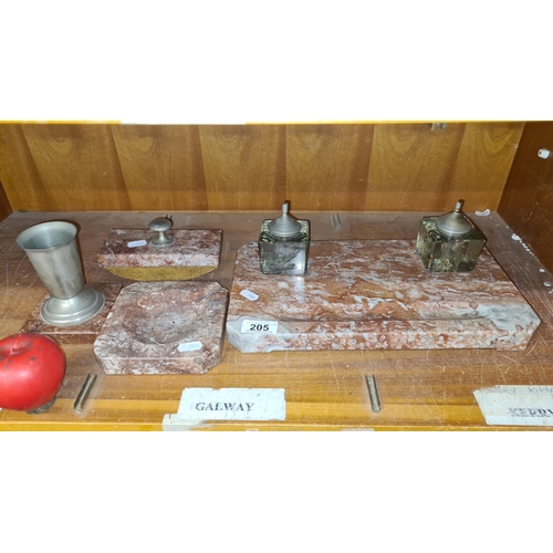 205 - A lovely art deco stationary set including ink wells sat on a marble base. A beautiful piece for any... 