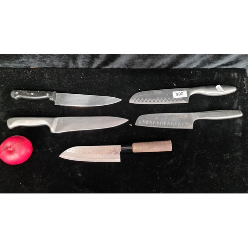 208 - A selection of five chef knives including one very cool stainless steel Japanese example.