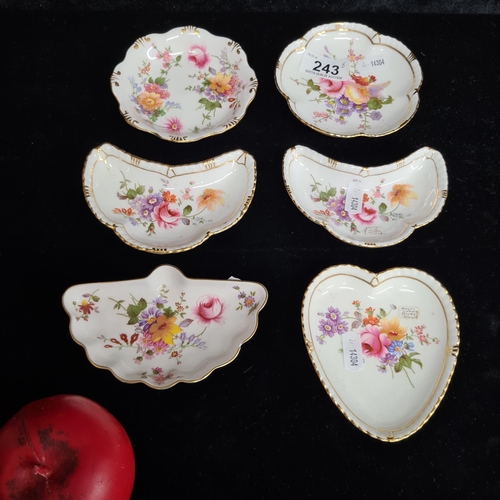 243 - An assortment of six beautiful Royal Crown Derby fine bone China trinket dishes in lovely floral and... 