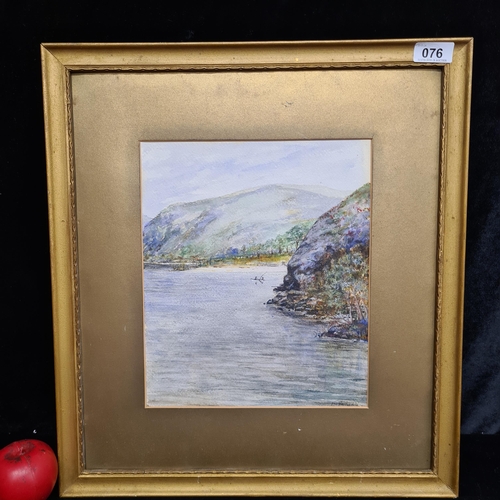 76 - A charming watercolour on paper painting. Feature a serene lakeside with blue green hills and a boat... 