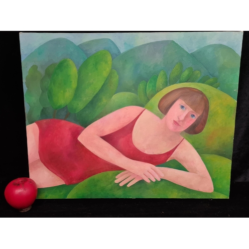 84 - A vibrant original oil on canvas painting. Features a woman seated on grass in expressive painting s... 