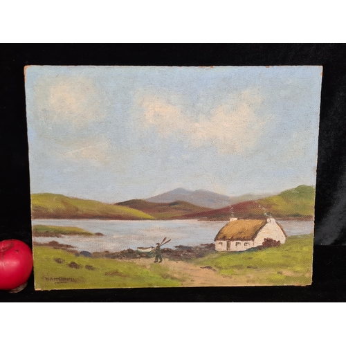 86 - An original Irish School oil on board painting. Features a serene coastal landscape with a cottage a... 