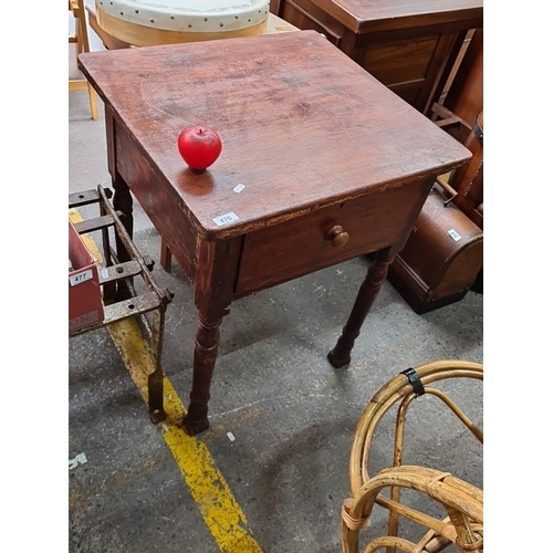 476 - A fantastic antique late 19th century wooden haberdashery table with single deep drawer, featuring t... 