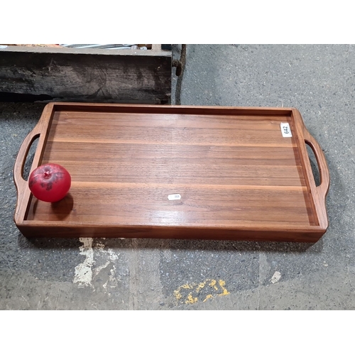 642 - Mid-Century Modern wooden breakfast tray with foldable legs, featuring integrated handles and a flat... 