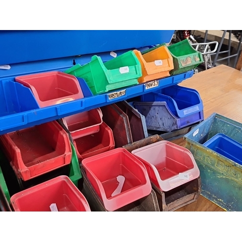 646 - Mixed lot of 21 assorted plastic and metal storage bins in various sizes and vibrant colors.