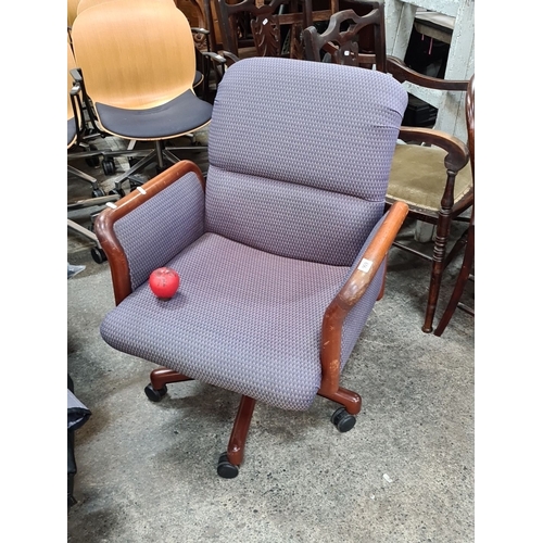 656 - Vintage Kimball International executive office chair with blue fabric upholstery and wooden armrests... 