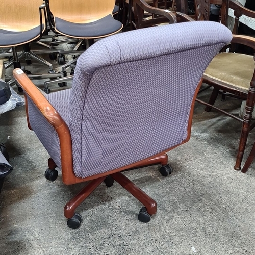 656 - Vintage Kimball International executive office chair with blue fabric upholstery and wooden armrests... 