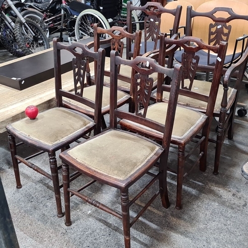 683 - Set of six handsome Edwardian mahogany dining chairs with pierced splat backrests and upholstered se... 