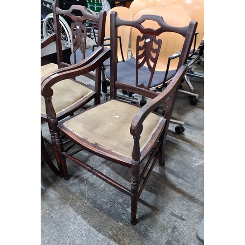 683 - Set of six handsome Edwardian mahogany dining chairs with pierced splat backrests and upholstered se... 