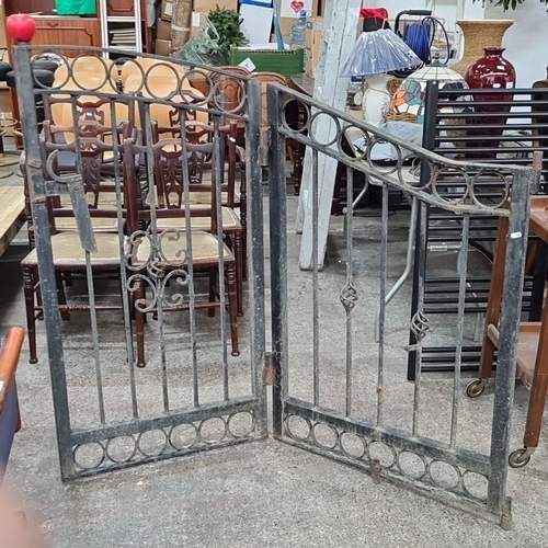 686 - Star Lot : A fabulous pair of vintage heavy wrought iron garden gates with decorative scrollwork and... 