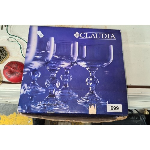 699 - Set of six Claudia Bohemia champagne glasses, featuring elegantly cut glass stems. In original packa... 