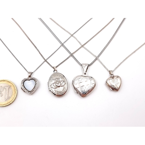 509 - A collection of sterling silver lockets & chains. A Claddagh example together with a mother of pearl... 