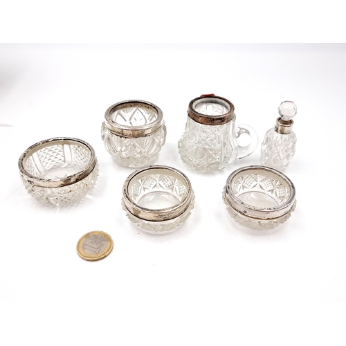 515 - A collection of sterling silver collared hob nail cut glass. Consisting of a pair (Dimensions - 4 cm... 