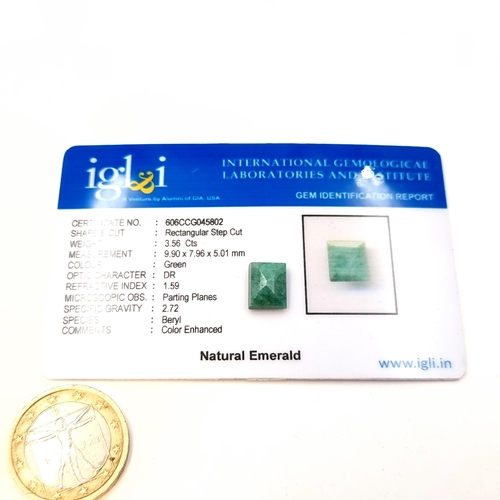 569 - A natural emerald gemstone of rectangular step cut. Weight - 3.56 carats. Comes with certificate of ... 