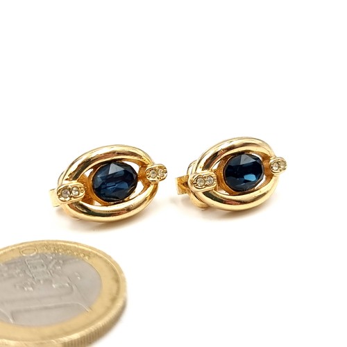 608 - Star Lot : A pair of  pretty designer Christian Dior blue gem set gold metal clasp earrings. Total w... 