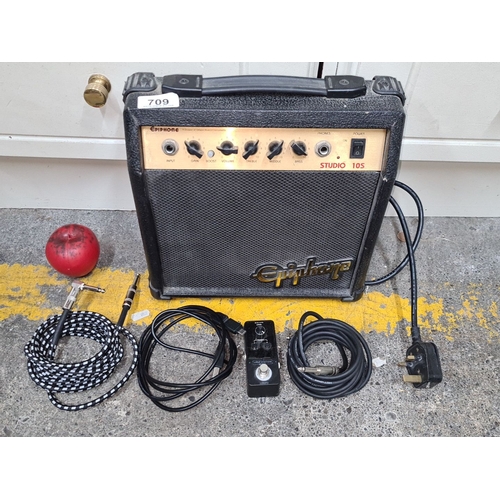 709 - Epiphone Studio 10S guitar amplifier with associated cables and footswitch, 19 watts, serial number ... 