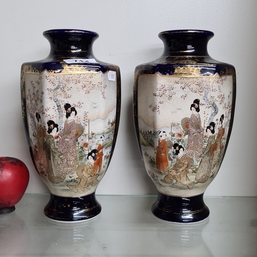 714 - Pair of Japanese Satsuma style vases, intricately hand-painted with Geisha scenes, accented in cobal... 