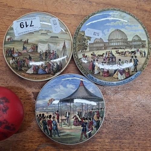 719 - Three decorative ceramic pot lids  featuring historical scenes from Wimbledon and Dublin Industrial ... 