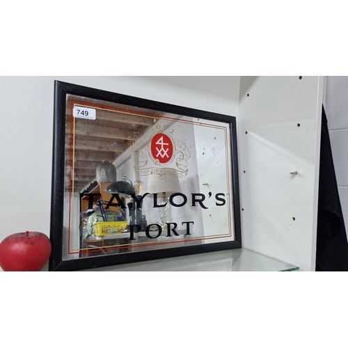 749 - A framed Taylor's Port advertising pub mirror, featuring iconic Taylor Fladgate logo and text, black... 