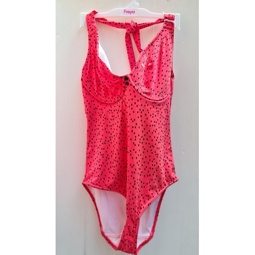 285 - A brand new with tags 'Freya' ladies swimsuit in coral pink with black polka dot effect with padded ... 