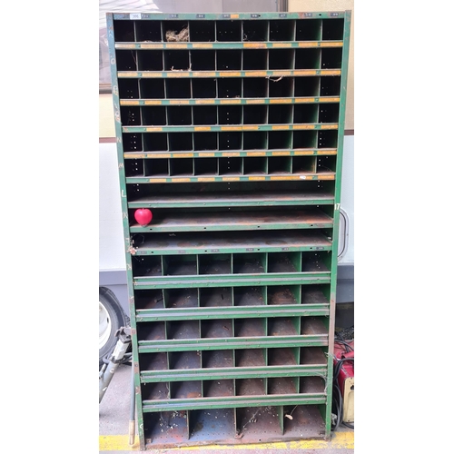 306 - Star Lot : A green metal very heavy duty  industrial steel pigeon hole storage unit. Has. Great indu... 