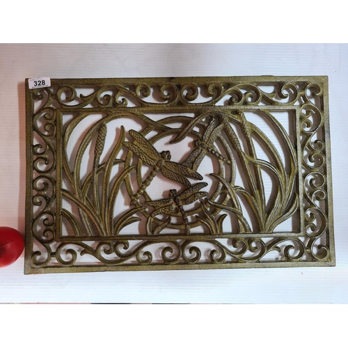 328 - A large art nouvau style cast metal door mat  with dragon fly design. Heavy quality item