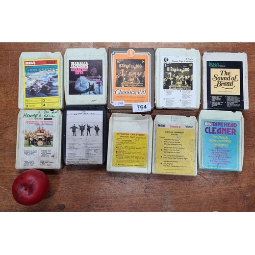 764 - Ten 8-Track Cartridges and Tape Head Cleaner. Includes John Denver, Mahalia Jackson, The Beatles, Wa... 