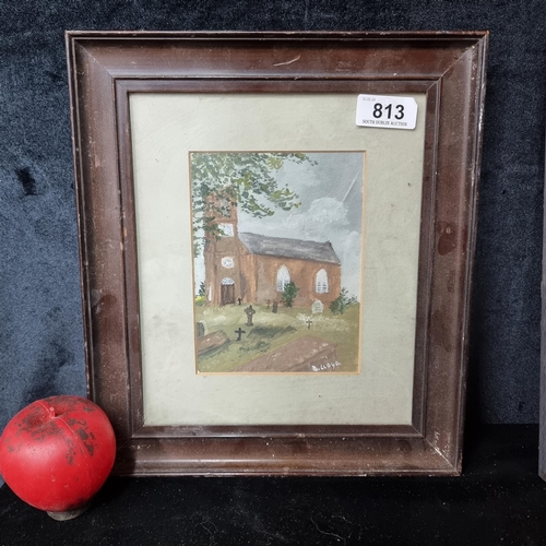 813 - A delightful original gouache on paper painting. Features a serene landscape with church. Signed B L... 