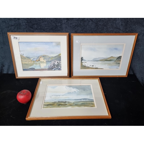 818 - A trio of wonderful watercolour on paper paintings. All featuring calm landscape scene including Lou... 