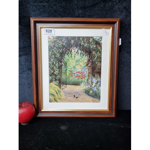 820 - A delightful oil on board painting. Featuring a lush garden view. Signed Rose Redell bottom right, H... 