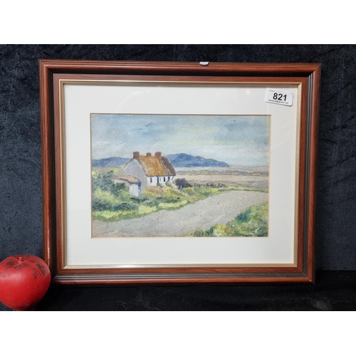 821 - A charming gouache on paper painting. Features West of Ireland Landscape with thatched cottage. Hous... 