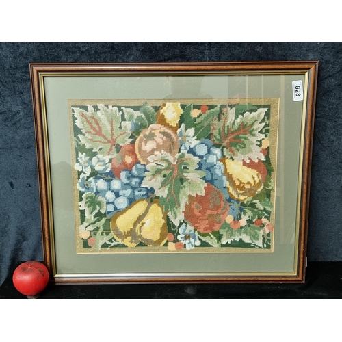 823 - A cheerful vintage tapestry needlepoint featuring fruits and foliage in soft pastel colour palette. ... 