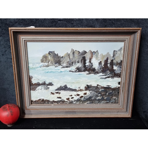 827 - A original acrylic on board painting titled 'Tenerife'. Features a coastal rocky landscape in impres... 