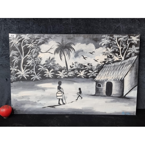 828 - An original oil on canvas painting. Features African scene with traditional house and figures. Rende... 