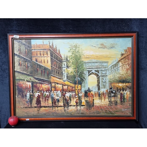 832 - Star Lot: A large original oil on canvas painting titled 'Arc de triomphe'. Features the titular bus... 