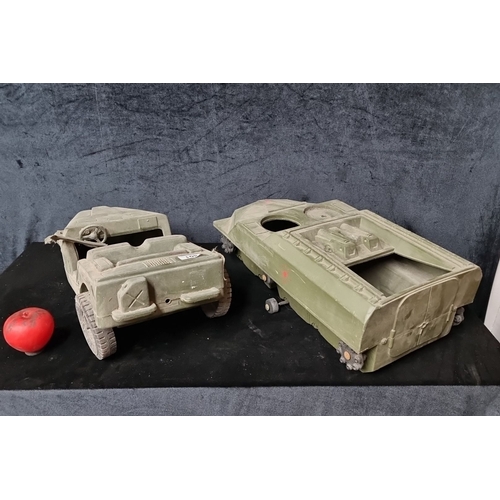 801 - Two vintage military-themed toy vehicles, including one army jeep and one tank. Would be suitable fo... 