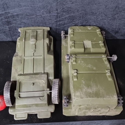 801 - Two vintage military-themed toy vehicles, including one army jeep and one tank. Would be suitable fo... 