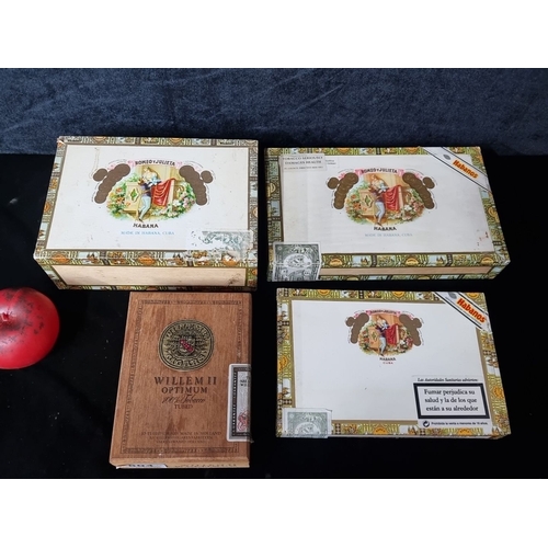 804 - Four decorative cigar boxes including three Romeo y Julieta Habana boxes made in Cuba and one Willem... 