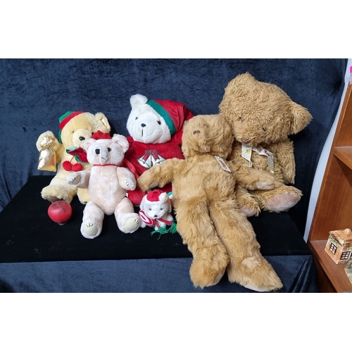 810 - A selection of six plush teddy bears, includes festive-themed and classic designs, featuring brands ... 